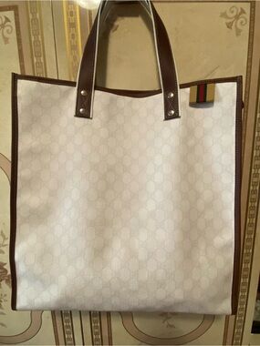 Gucci White Canvas Tote with Brown Leather Trim and Signature Web